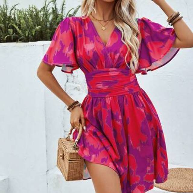 SHEIN Women&#39;s Summer Vacation Tie-Dye Printed Overlapping V-Neck Ruffled Short Sleeve Short Dress