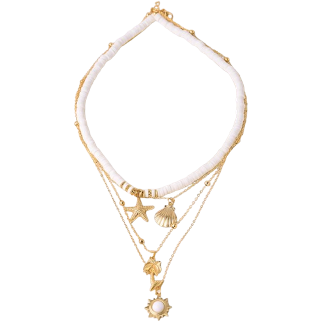 SHEIN Soft Pottery Vintage Sun Multilayer Necklace For Women Summer Beach Starfish Shell Coconut Tree Pendant Necklace Women 2025
