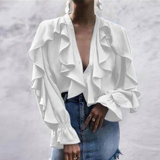 (XL, Black 2) Plus Size Women Blouse Celmia 2020 Summer Ruffled Stylish Tops Sexy V neck Long Sleeve Shirt Female Casual Buttons Sweet Blusas