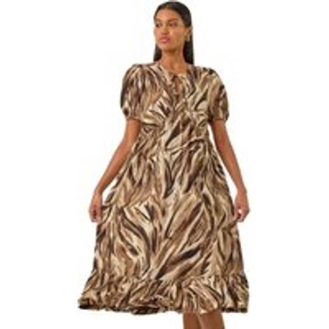 Abstract Print Tie Front Smock Dress - Tan - 20