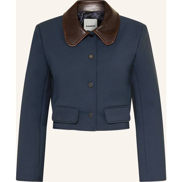 Veste courte à col en cuir - Marine - 42