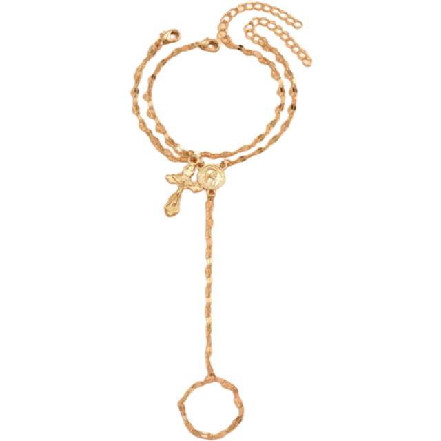 SHEIN 2 Pieces Set: Versatile Fashion Gold Religious Cross Pendant Bracelet With Classic Adjustable Finger Ring Chain Jewelry, Suitable For Daily Wear