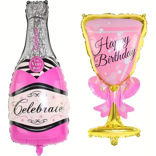 SHEIN 2pcs Set Happy Birthday Champagne Bottle & Wine Glass Foil Balloon, Birthday Party Decorations, Photo Props, Celebration Decor, Birthday Gifts, Atmosp