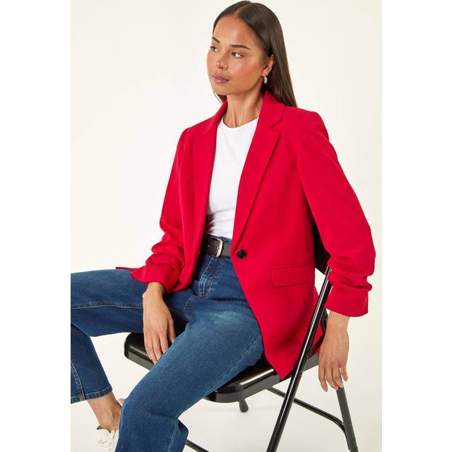Roman Petite Ruched Buttoned Blazer In Red - 16