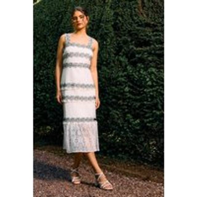 Oasis Contrast Lace Strappy Midi Dress In Ivory - ivory - 10