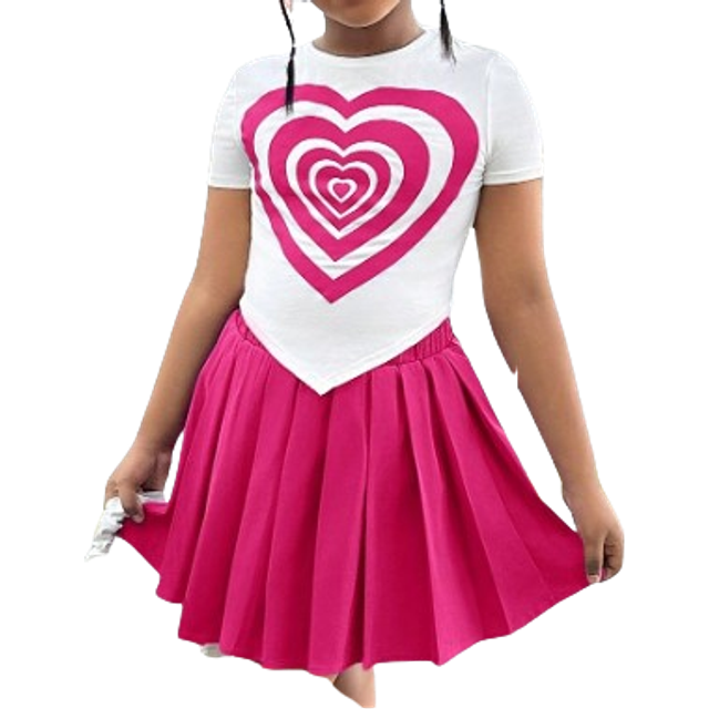 SHEIN 2pcs/Set Tween Girl Heart Print Short Sleeve Top And Pleated Hem Skirt, Casual Outfit