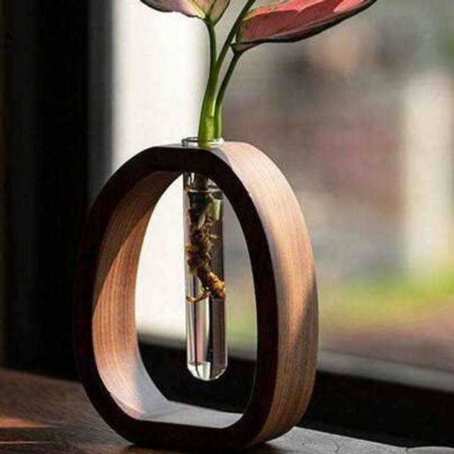 SHEIN 1pc Hydroponic Glass Test Tube Vase, Creative INS Style Desktop Plant Container, Handmade Wooden Mini Vase, Home Decor, Gifts For Mother&#39;s Day, Valent