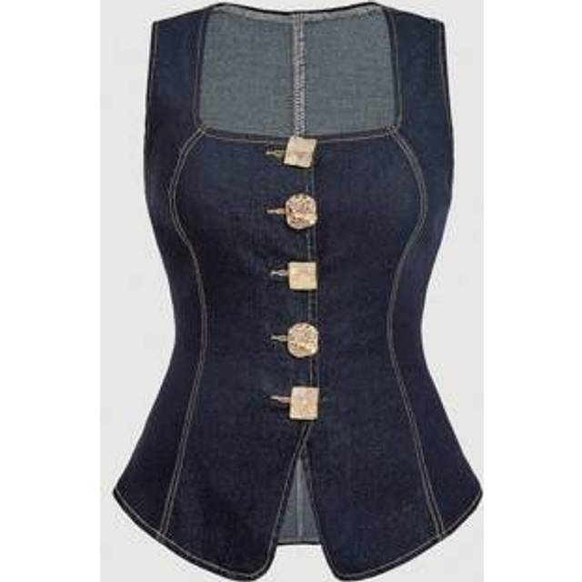 SHEIN Plus Size Women&#39;s Casual Fashionable Metal Decor Square Collar Fitted Denim Blouse, Summer,Teacher Outfits For Women,Fall Clothes For Women,Going Out