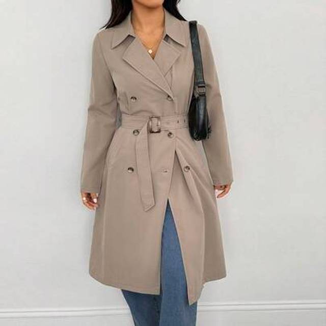SHEIN Khaki Retro Long-Sleeved Waist Women&#39;s Trench Coat,Winter Women,Winter Women Coat,New Year Eve,Women Jackets, Women,Long Women Jackets,Winter Women Ja