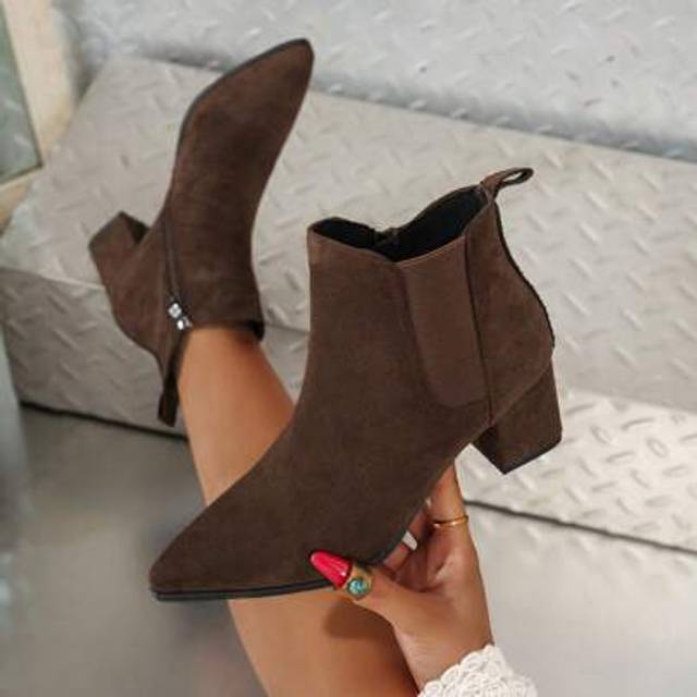 SHEIN 1 Pair Brown Pointed Toe Ankle Boots & Short Boots For Women, Solid Color Elegant Bohemian Party Fashion Retro Outdoor Party Side Zipper Pointed Toe H