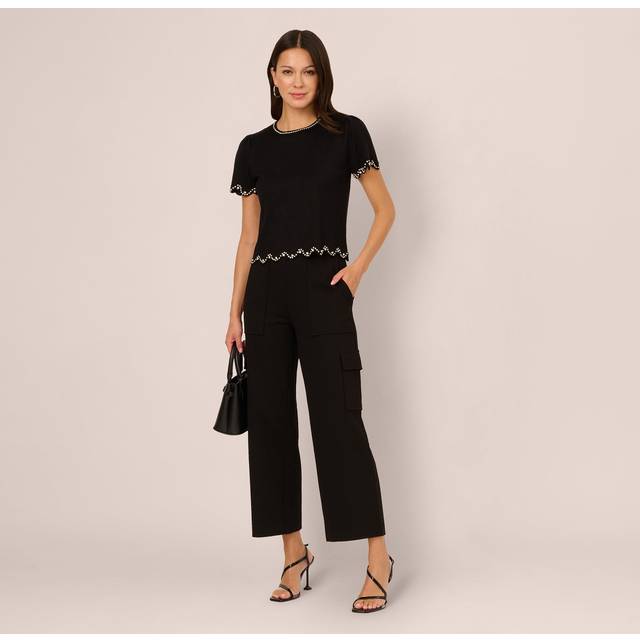 Adrianna Papell Crepe Embellished Short Sleeve Jumper, Black