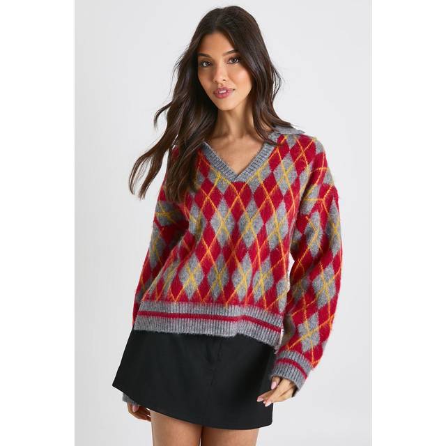 Womens Soft Knit Oversized Argyle Collared Jumper - S, Red