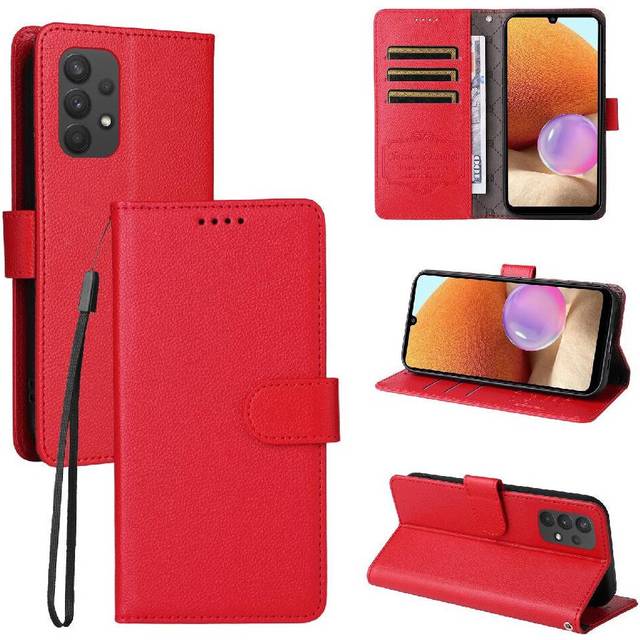 (Red) Flip Case for Samsung Galaxy A32 5g Wireless Charging Magnetic Car Mount Crad Slot Wallet