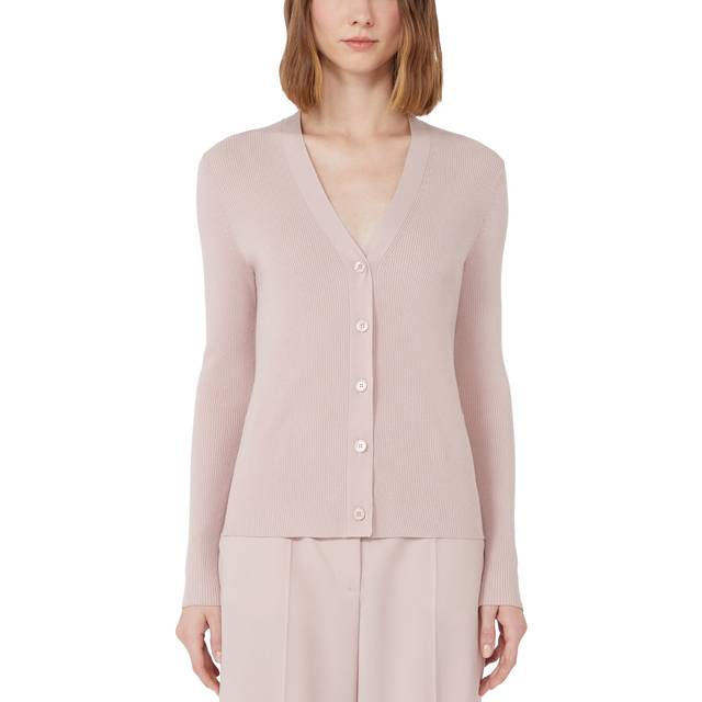 Weekend Max Mara, Stickade tröjor & koftor, Dam, M, Polyester, Blush Pink Ribbad V-ringad Kofta
