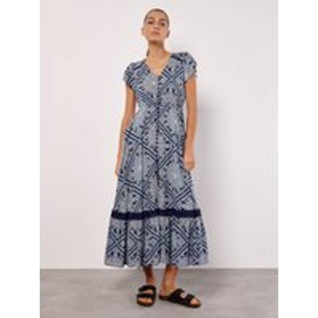 Scarf Print Crochet Detail Maxi Dress - Navy - 8