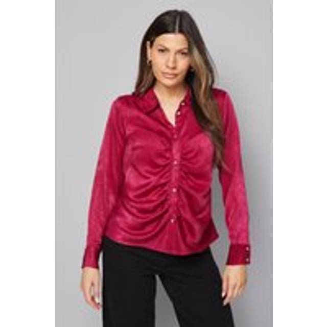 Womens Hammered Satin Ruched Shirt - Pink - 14