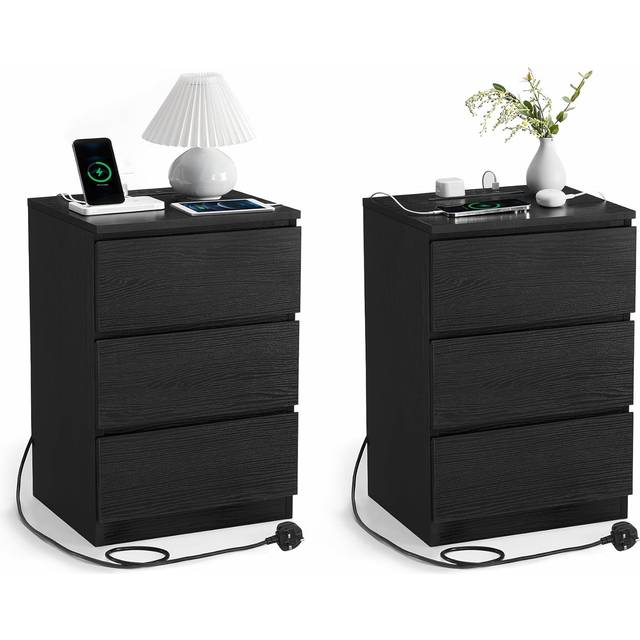 VASAGLE Bedside Table with Charging Station, Set of 2, Side End Tables with 3 Drawers, 2 AC Outlets, 2 USB Ports, Bevelled Drawer Fronts, for Living