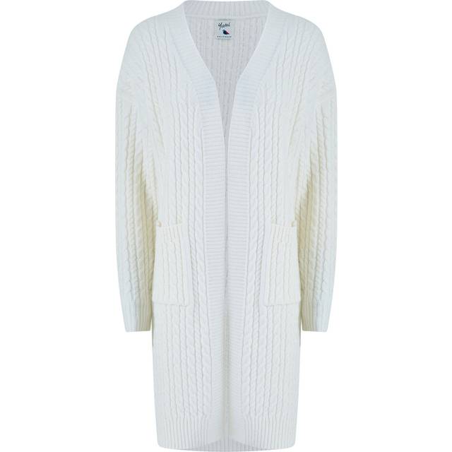 Yumi Women's Ivory Cable Knit Edge to Edge Long Cardigan With Pockets | Size: Medium/Large - M/L
