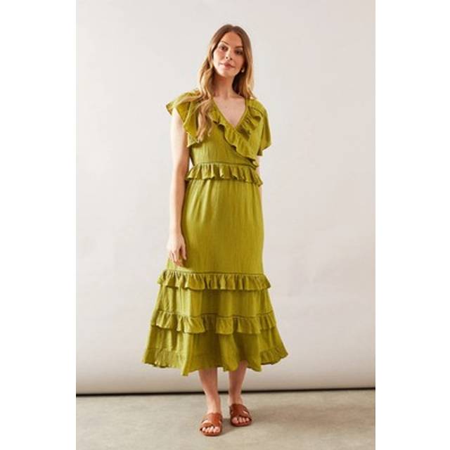 Wallis Crinkle Cheesecloth Ruffle Midi Dress In Olive - olive - 10