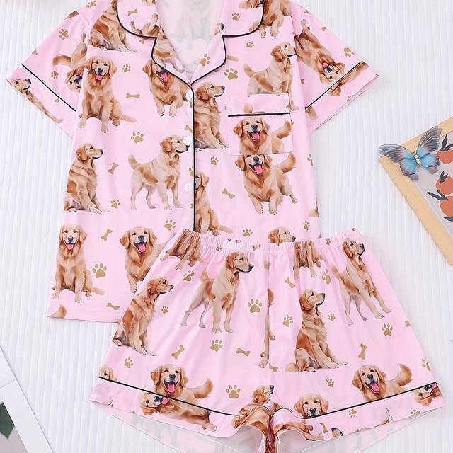 TEMU 2pcs Cute Golden Retriever Print Women's Pajama Set, Short Sleeve Shirt With Collar And Button-up Shorts, Casual Comfortable Loungewear For Home And Outdoor Use