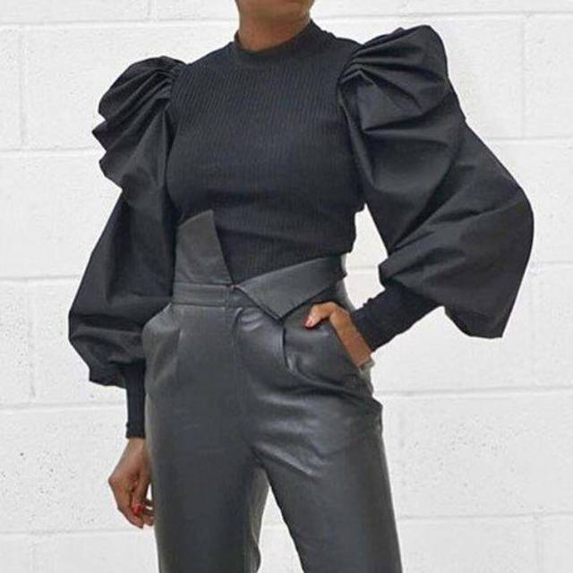 (S, Black) Puff Ruffle Long Sleeve Women Blouse 2020 Fashion Solid Black White Pink Shirt Tops Tees Ladies Slim Jumper Pullover Shirt