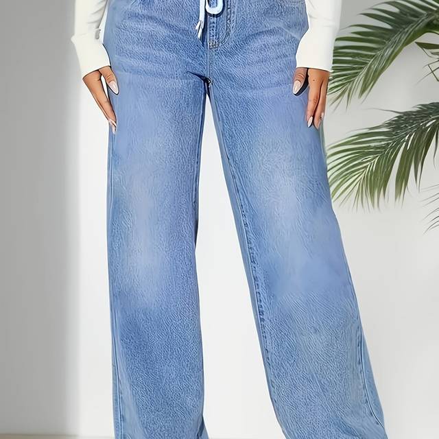 TEMU 9602# Women's Drawstring Elastic Waist Wide Leg Jeans 25aw Casual Comfortable Fashion Soft Denim Pants