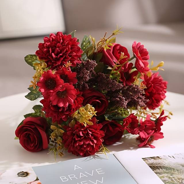 TEMU 1pc Luxury Burgundy Artificial Flower Bouquet, Fabric And Rose Bundle, Plastic Floral Arrangement, For Wedding, Engagement, Home Decor, Seasonal Celebrations - Tabletop Decor Without Container