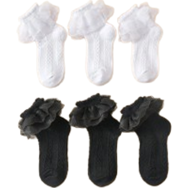 SHEIN 6 Pairs Girls&#39; Black & White Double-Layer Ruffle Mid-Calf Socks, Casual & Dance Wear, Toddler/Little Kid