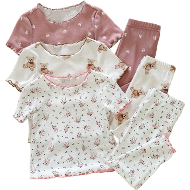 SHEIN 6pcs/Set Baby Girl Cute Cartoon Bear & Floral Print Ruffle Trim Round Neck Short Sleeve Pants Casual Comfy Knitted Pajamas Set