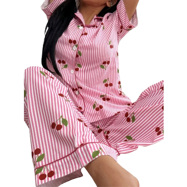 SHEIN Cherry Striped Printed Lapel Short Sleeve Pajama Set For Women Pink Pajamas