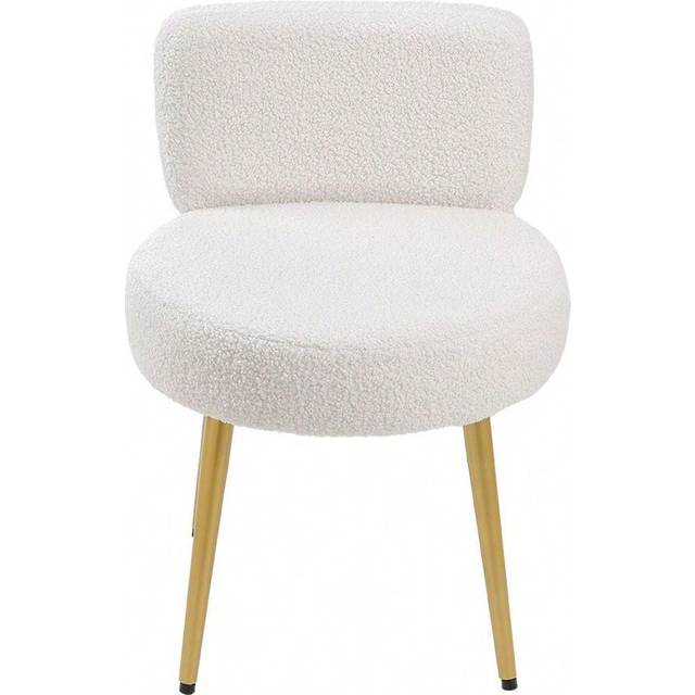 SHEIN Living And Home 1 Piece Cream Faux Fur Cozy Vanity Stool Chair With Metal Legs,Plush Upholstery Dressing Table Stool Accent Side Chair,Side Corner Ted