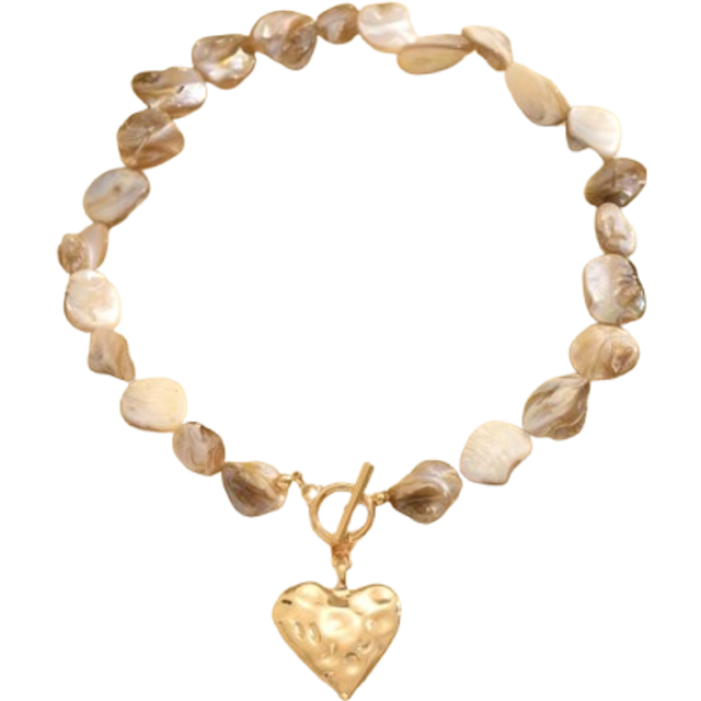 SHEIN 1pc Summer Ocean Style Natural Seashell Beaded Necklace With Fashionable Gold Metal Heart Pendant Choker, Suitable For Daily Wear, Beach Travel, Datin