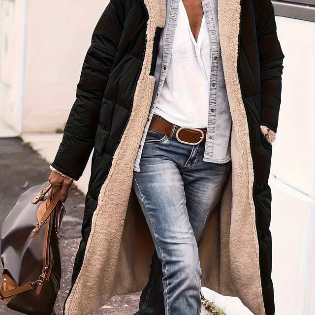 TEMU Women's Winter Double-breasted Raglan Sleeve Hooded Coat - Windproof Warm Longline Loose Fit Outerwear With Zipper Front, Machine Washable Solid Color For Casual & Office Wear