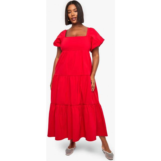 Womens Plus Tiered Puff Sleeve Midaxi Smock Dress - Red - 22