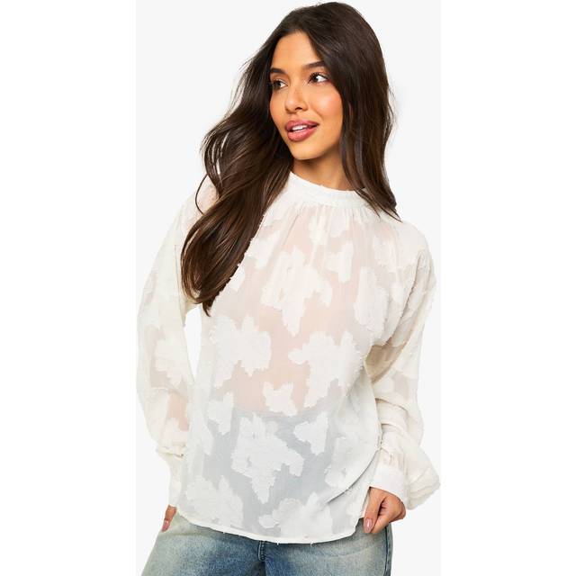 Womens Burnout Floral Pleated Blouse - Ivory - 10