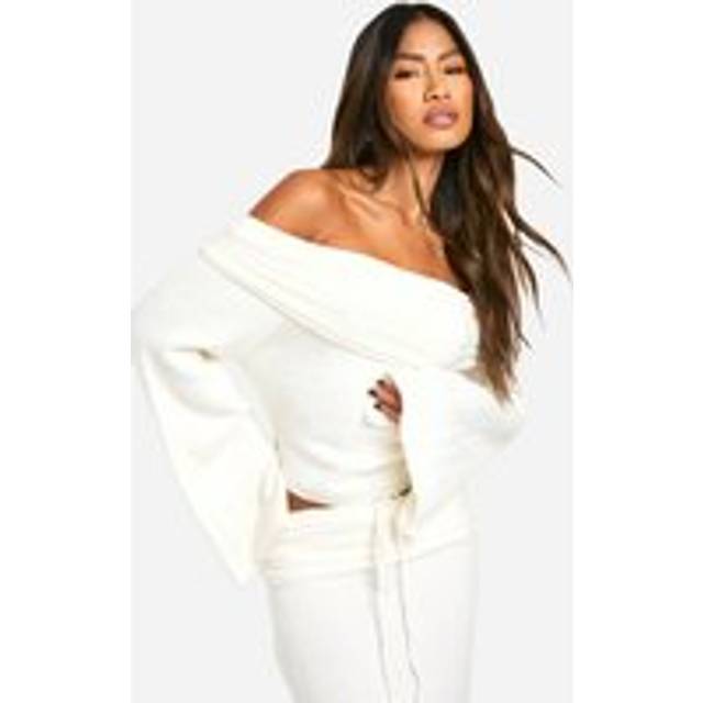 Womens Rib Edge Soft Knit Bardot Jumper - Cream - M, Cream