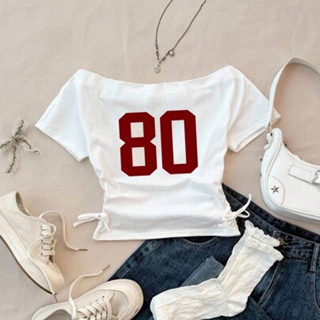 SHEIN Girls&#39; Casual Crop Top & Leggings Set, Burgundy Number 80 & Shoulder Cut-Out Print, Short Sleeve Fitted Blouse & Tight Pants, Fashion Basic Outfit For