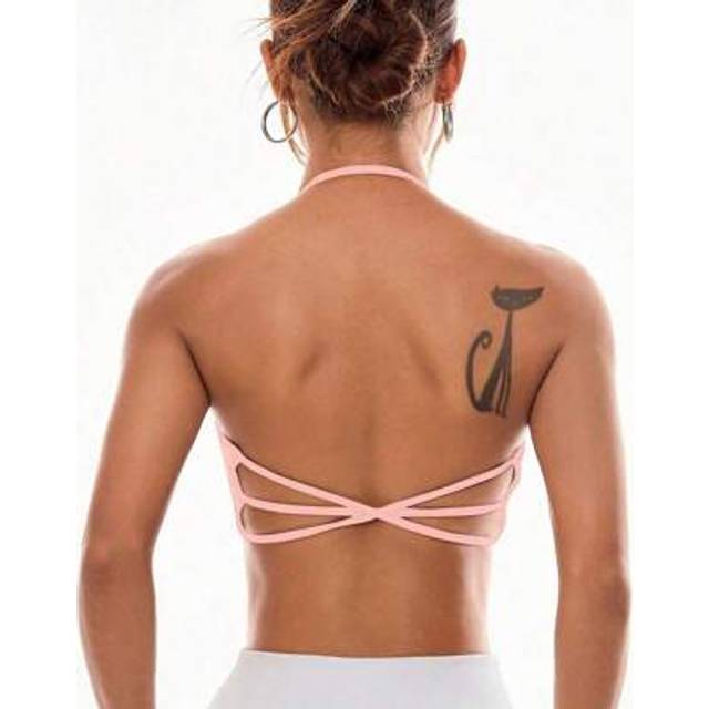 SHEIN Women&#39;s Pink Crop Halter Sports Bra With Stylish Criss Cross Back Open Back Workout Top Open Back Gym Top Backless Workout Top Workout Tops Backless C