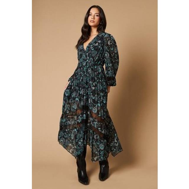 Oasis Womens Midi Dress Black Pleated Chiffon V-neck Long Sleeve