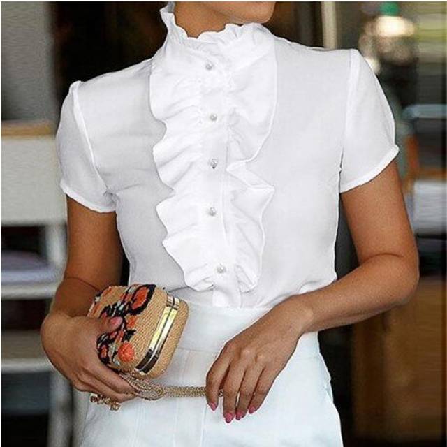 (S, White) Oversized Women's Office Wear Blouse ZANZEA 2020 Stylish Summer Ruffle Shirts Short Sleeve Work Blusas Female Tunic Casual Tops