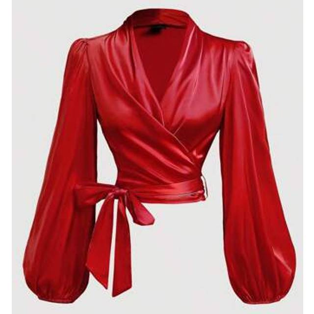 SHEIN Women&#39;s Burgundy Wrap-Around Tie-Up Bow Batwing Sleeve Blouse,Women Shirts,Glittery Blouse,Red Satin Wrap Top,New Years Top