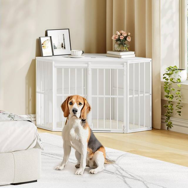 Corner Dog Crate Furniture With Cushions - White (Extra Large (43+kg))
