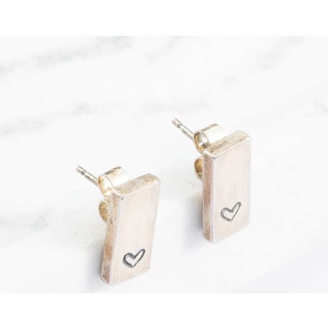Silver Tone Oxidised Rectangle Heart Stud Earrings SE2