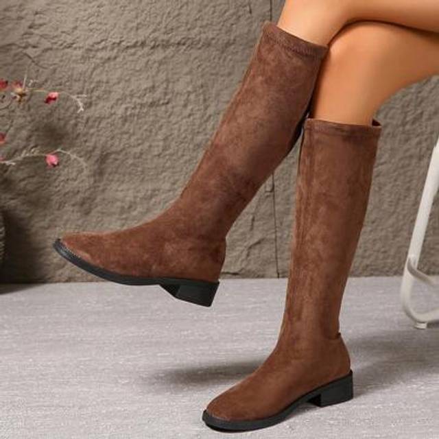 SHEIN Women&#39;s Round Toe Brown Suede Over-The-Knee Boots, Essential New Arrival For Autumn/Winter 2025, Elastic Slim Tall Boots, Soft & Comfortable Lining