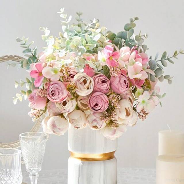 SHEIN 1pc Artificial Flower Fake Peony Flowers Silk Hydrangea Bulk Bridal Flower Bouquet With Eucalyptus For Home Party Decor Wedding Decoration Table Cente
