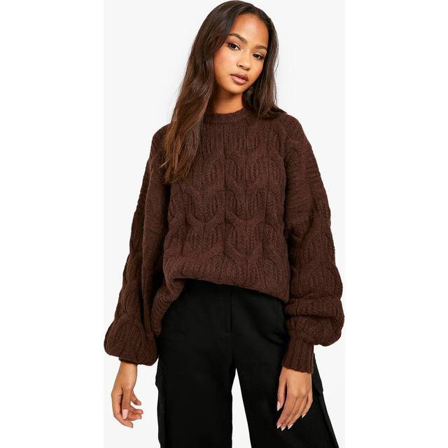Womens Fluffy Cable Knit Crew Neck Jumper - Brown - S, Brown