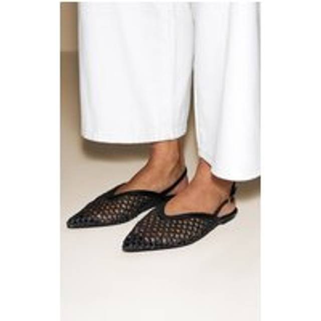 Black Pu Point Toe Woven Sling Back Flats - 7