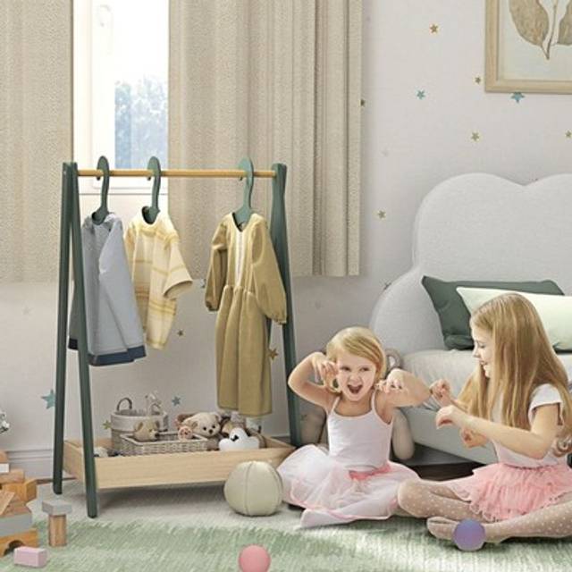 Aiyaplay Kids Clothes Rail With 3hangers, Bottom Storage Shelf For Girls, Boys, Nursery, Bedroom, Green