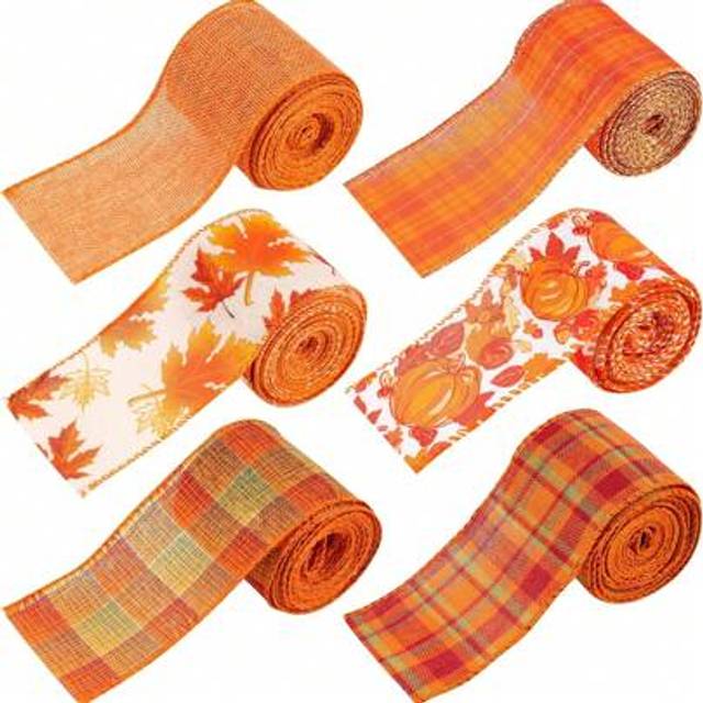 SHEIN 6PCS Fall Thanksgiving Burlap Ribbon - Orange Plaid Autumn Harvest Wired Edge Wrapping Ribbon For Wreaths, Floral Bows & Craft Decor, 2.5Inch Fall Dec