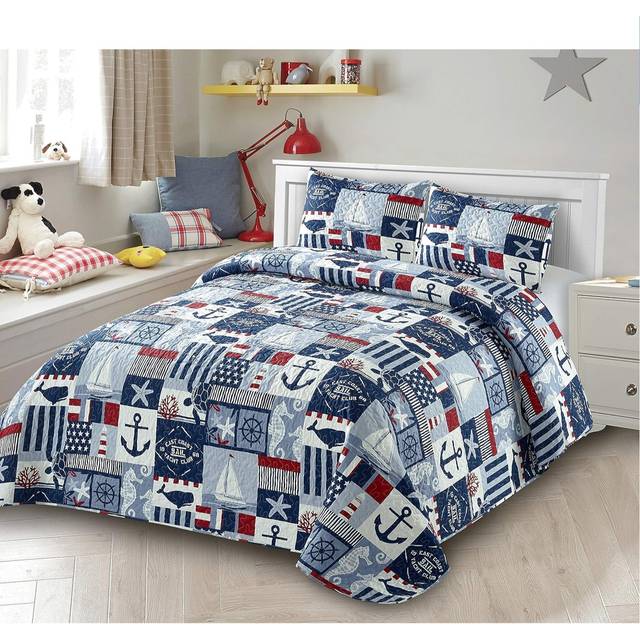 Kids Zone Collection Bedspread Coverlet Kids/Teens Anchor Sailboat Seahorse Starfish Whale Turtle Stars Steering Wheel Helm Nautical Dark Blue Light B